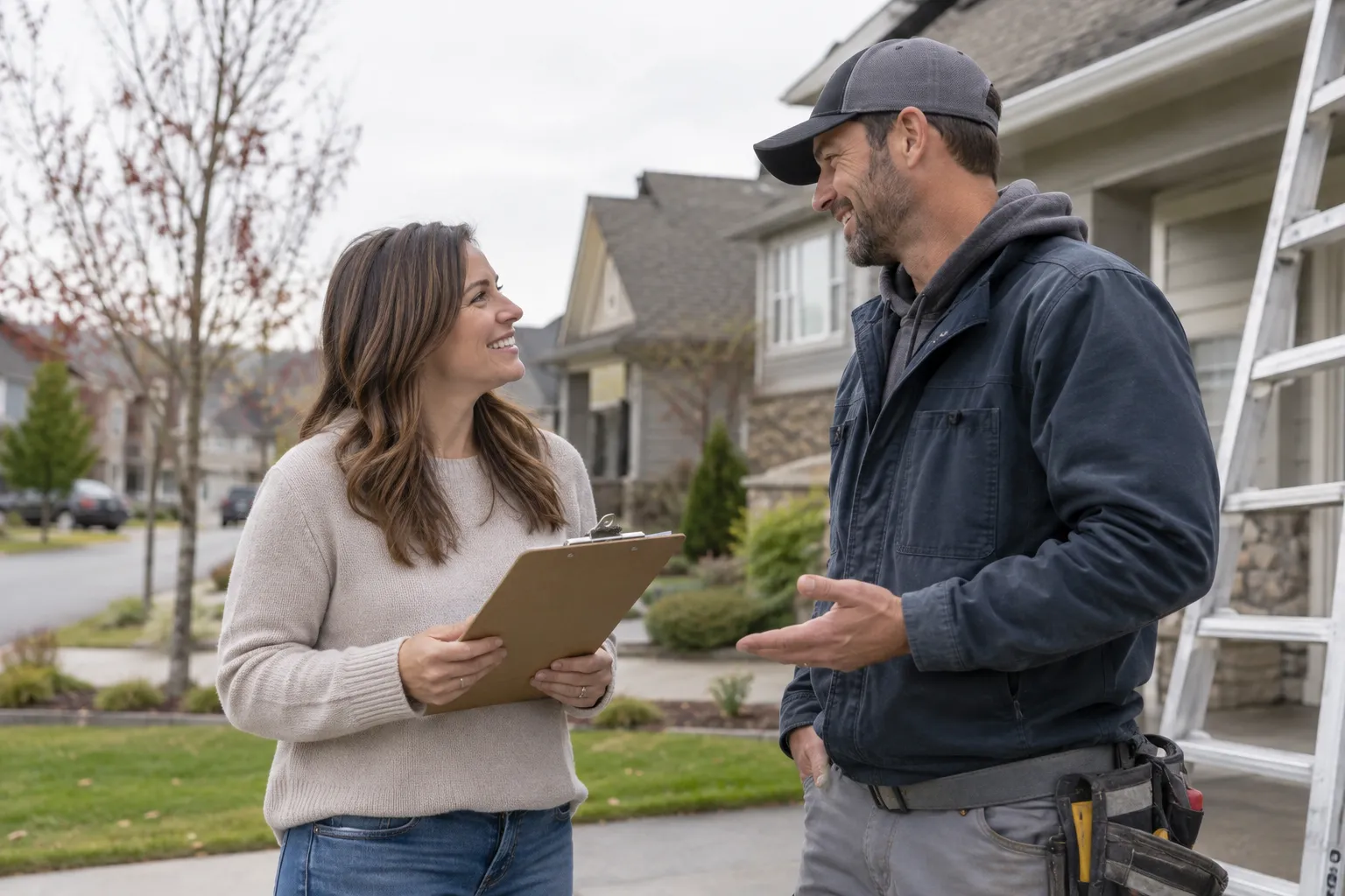 A homeowner reviewing a roofing checklist with a local provider