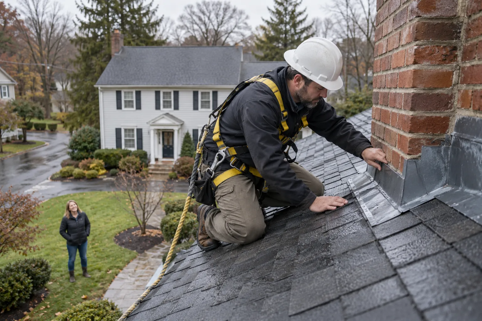 Local roofing provider checking shingles and flashing on a home in Aberdeen